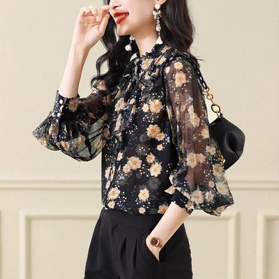 French Style Chiffon Long Sleeve Blouse Women's Spring Floral Shirt Elegant Ruffle Top