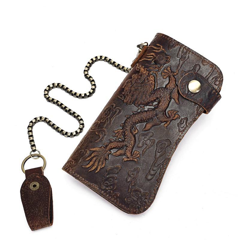 

Crazy Horse Leather Men s Bag Wallet Long Chain Anti Theft Retro 19X10X2