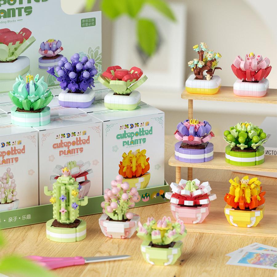 Non-Toxic Carden Toys Potted Succulent Cactus Mini Building Blocks Children Toys Flowers Blocks Thanksgiving Gifts