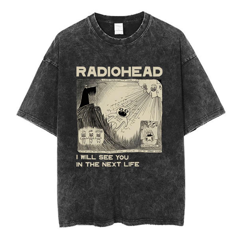 Radiohead Rock Band Washed Cotton T Shirt Men Women Hip Hop Music Tee Fashion Short Sleeve Tshirt Summer Oversized T-shirts Tops