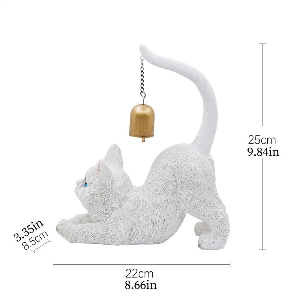 Cat Stretching Statue Resin Cat Figurine With Bell On Tail Outdoor Animal Sculptures For Yard Entryway Desk Living Room Balcony