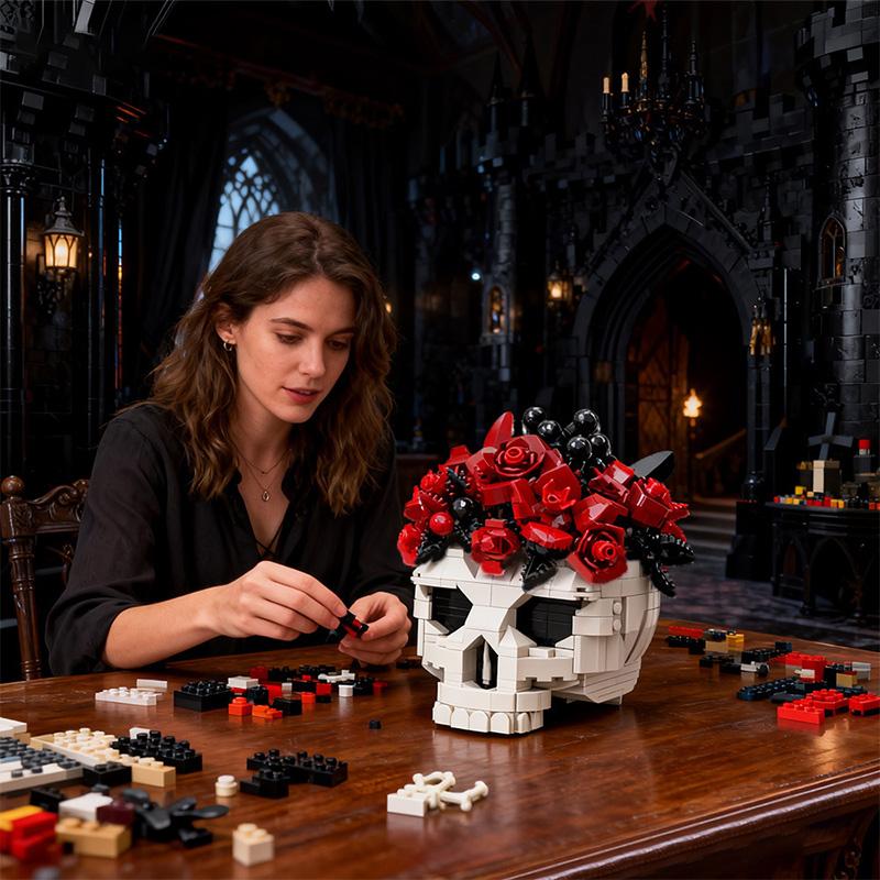 Moc Skull Roses Bouquet Building Set Skeleton Flowers Plant Pot Blocks Gothic Home Decor Assembly Bricks Toys For Adult Gift