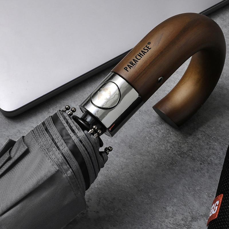 Wooden Folding Umbrella for Men, Sunny and Rainy Umbrella Windproof Strong, Sun Umbrella Wood Handle, 10 Ribs