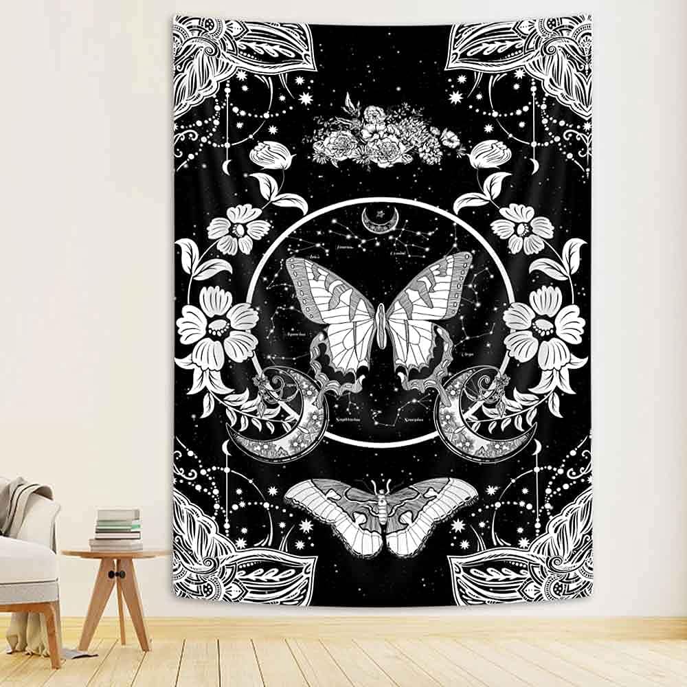 Flower and Butterfly Vertical Tapestry, Black and White Aesthetic Tarot Wall Tapestry, Moon and Stars Floral Tapestries Bedroom