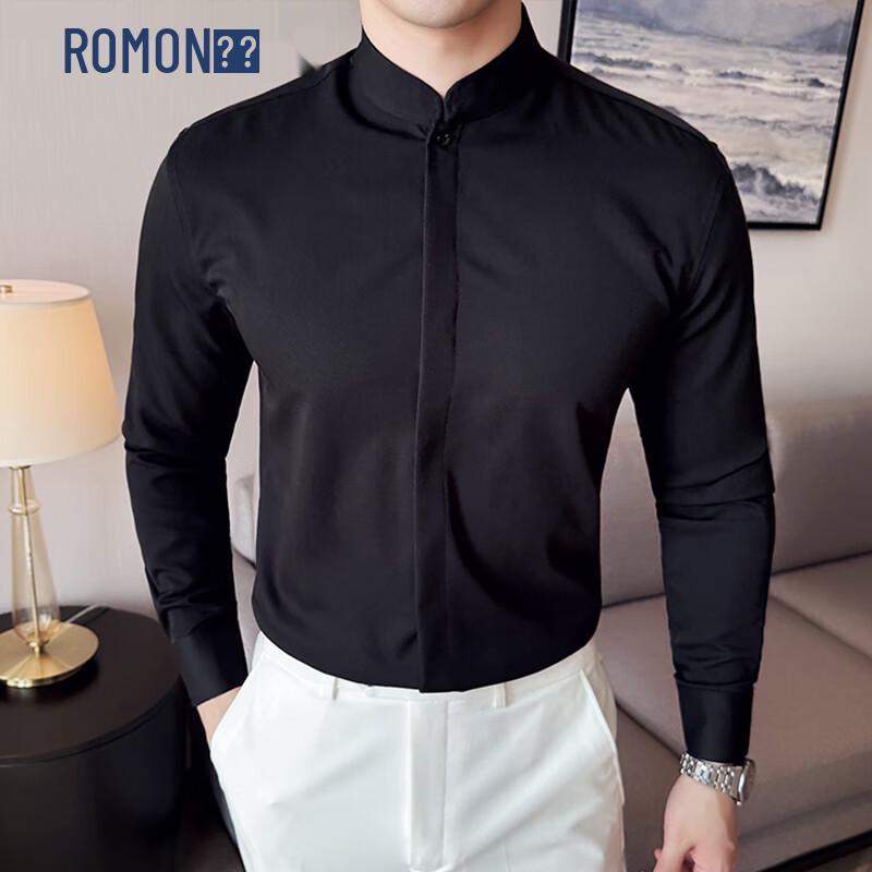 

ROMON Men s Wrinkle-Free Solid Stand Collar Long Sleeve Formal Shirt 3XL