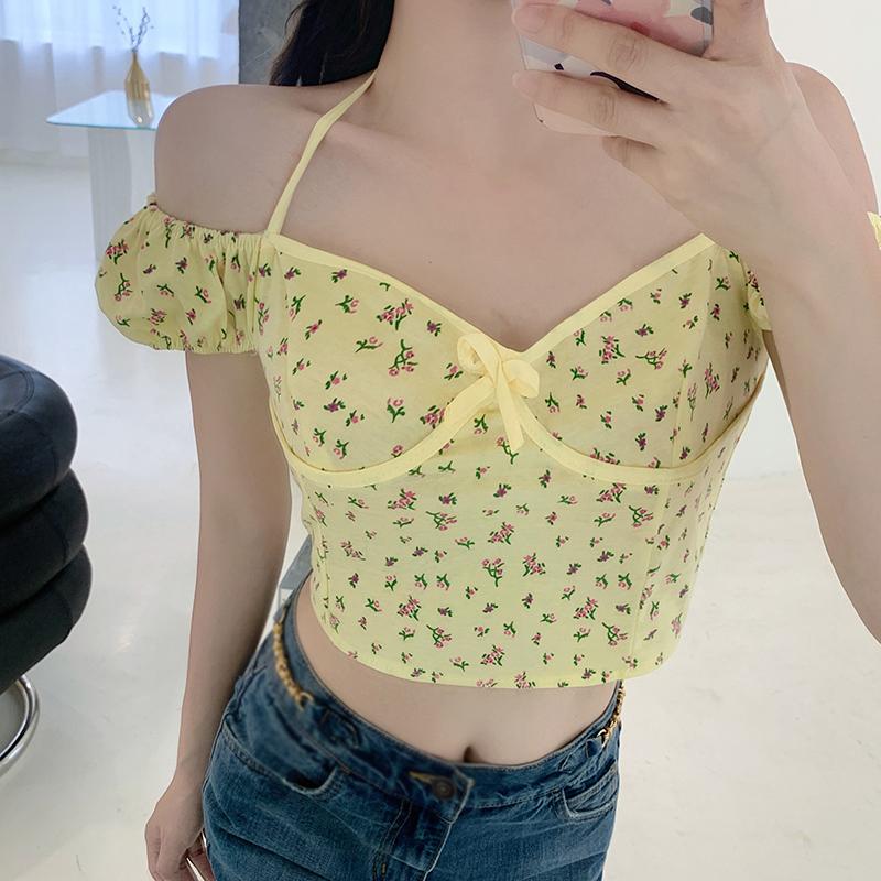 

Тонкая футболка с короткими рукавами и бретельками на шее, женские топы, блузка с v-образным вырезом, цветочный принт One Size