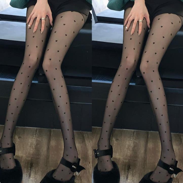 Sexy Black Stockings Women Heart Polka Dot Lolita Pantyhose Tight High Socks Female Good Elastic Stocking Erotic Lingerie 1-S