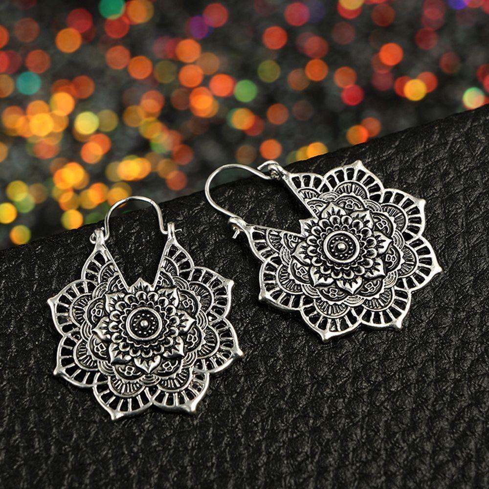 Antique Tribal Gypsy Dangle Ear stud Floral Earring Hollow Out Mandala Flower Pendant