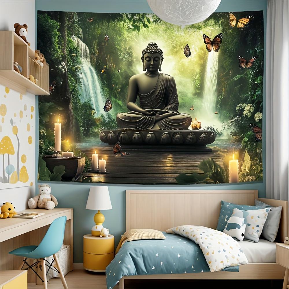 Statua di Buddha Cascata Foresta Arazzo Zen Meditazione Arte Decorazione Farfalla Natura Pacifica Appeso a Parete Soggiorno Stampa