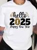 Hello 2025 Happy New Year Glitter T-shirt