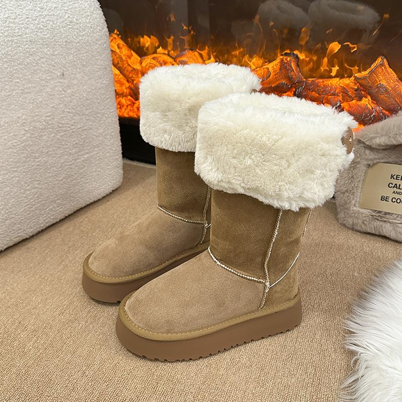 Damen Dicke Sohle Haariger Mund Winter Warm Pelz Eins Schneestiefel Rutschfest Abrieb Lässig Sport Baumwollstiefel