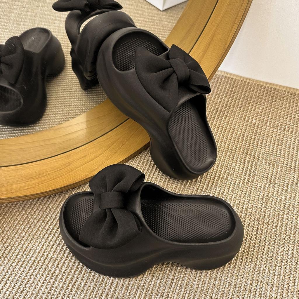 Height-increasing platform casual beach shoes 2025 summer and autumn new French fashion bow one-word slippers women's outer wear