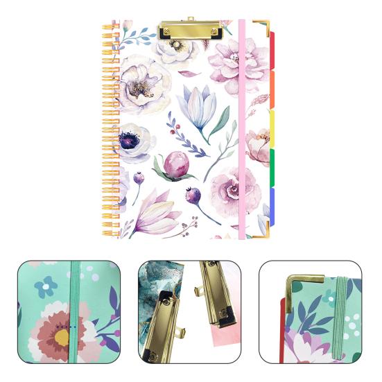 Clipboard Folio with Refillable Notepad Letter Size 5 Dividers Side Pockets Twin-wire Binding Elastic Band Colorful Label Index Spiral