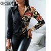 QICED Women's Fashion Casual Solid Color Print Long Sleeve POLO Neck Blouses & Shirts
