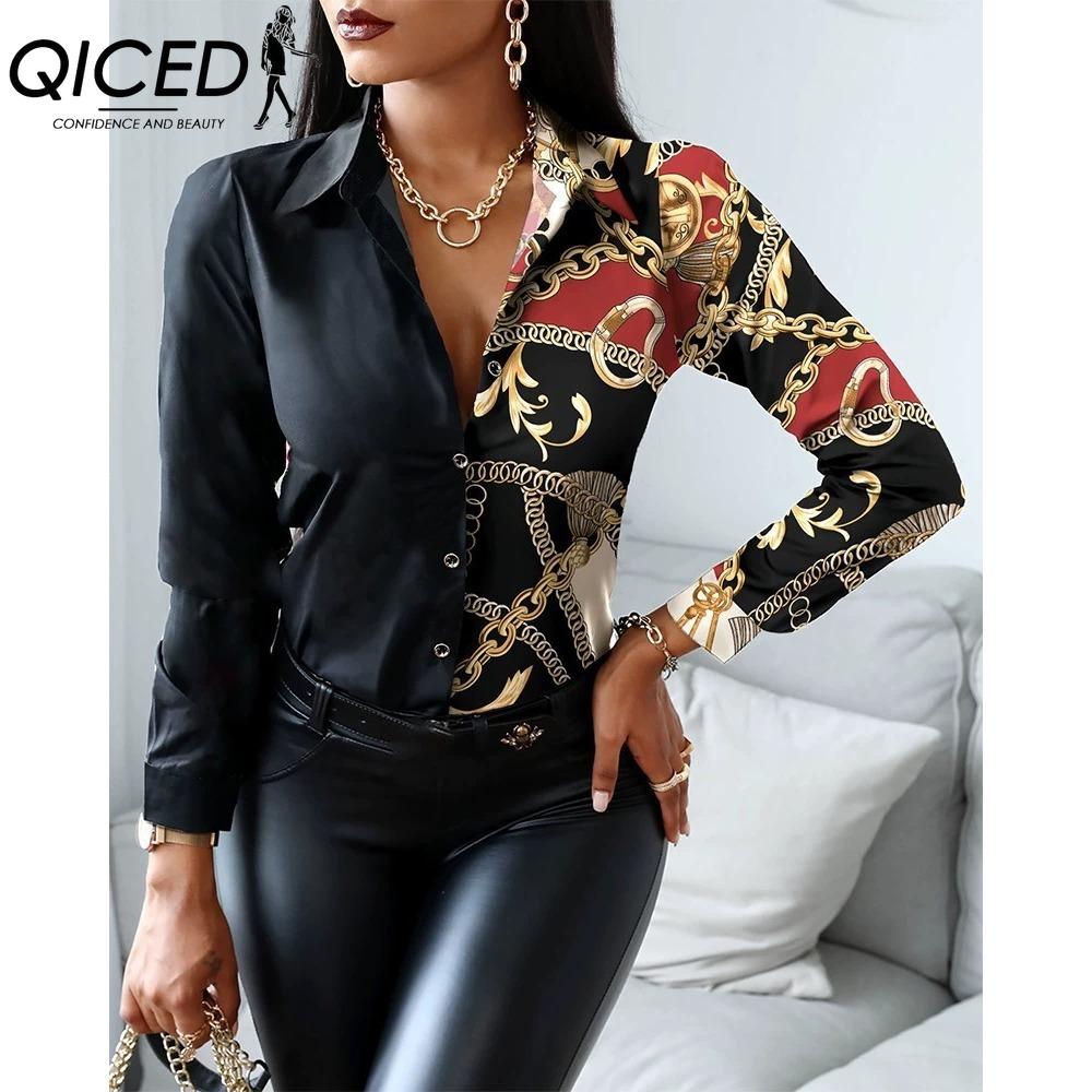 QICED Women's Fashion Casual Solid Color Print Long Sleeve POLO Neck Blouses & Shirts