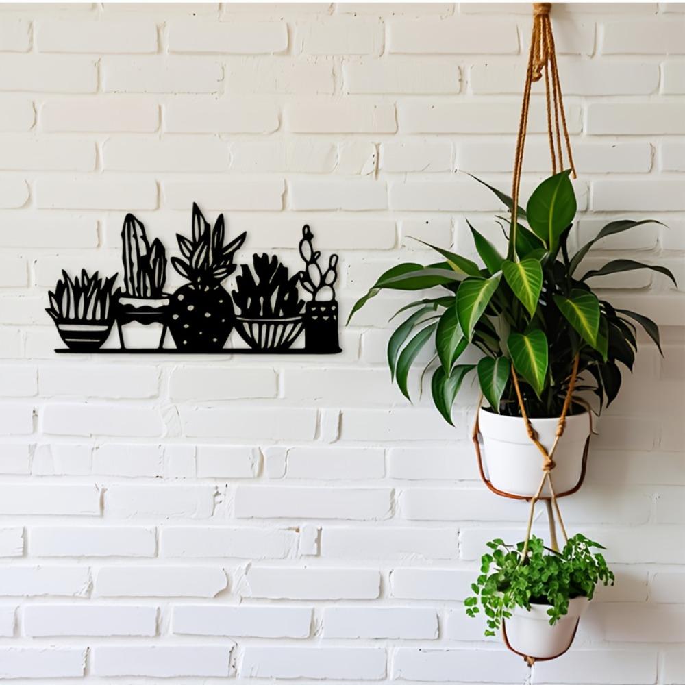 2D Flat Cactus Metal Wall Art Black, Silhouette Decorative Plaque Sign for Living Room Bedroom Office