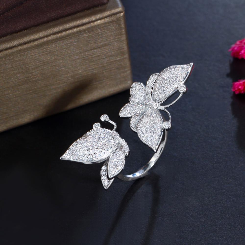 CMM Jewelry Micro Inlay Cubic Zirconia Open Cuff Adjustable Butterfly Rings for Women