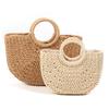 Bolsa de Palha Tecida Portátil Versátil Simples Semicircular Grande Capacidade Estilo Férias Bolsa de Praia Carregada à Mão Cesta de Legumes