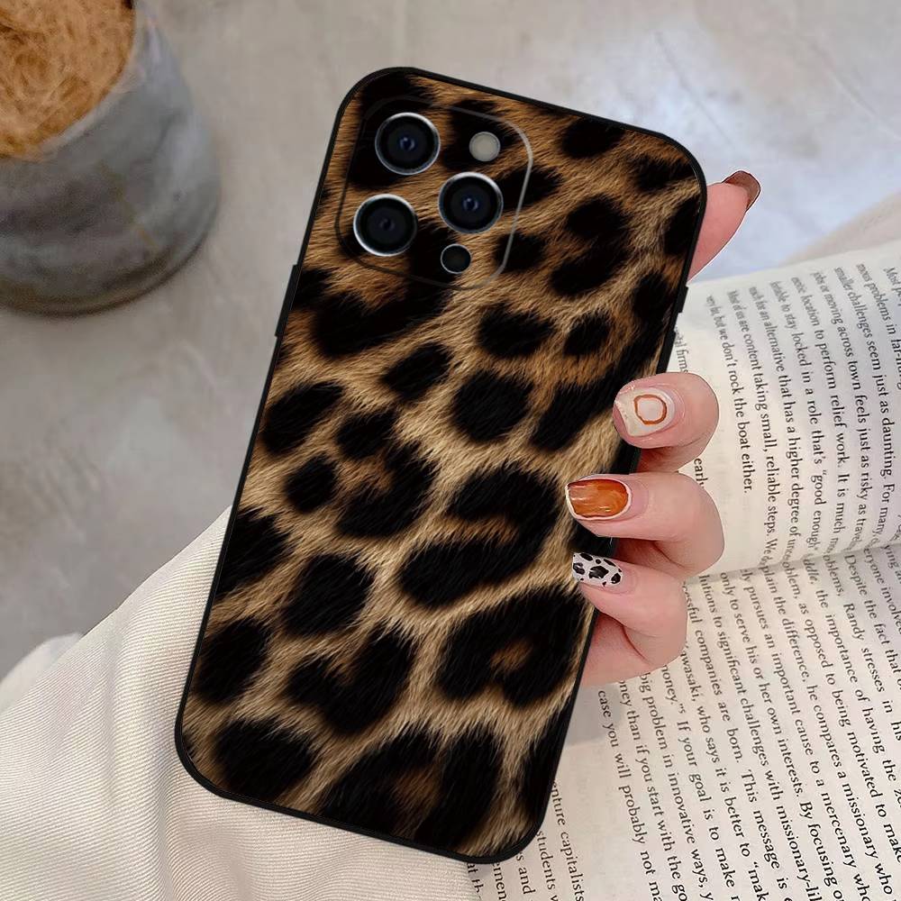 Leopard Print Phone Case For iPhone 17,16,15,14,13,12,11 Plus,Pro Max,XS,Soft Silicone Black Cover