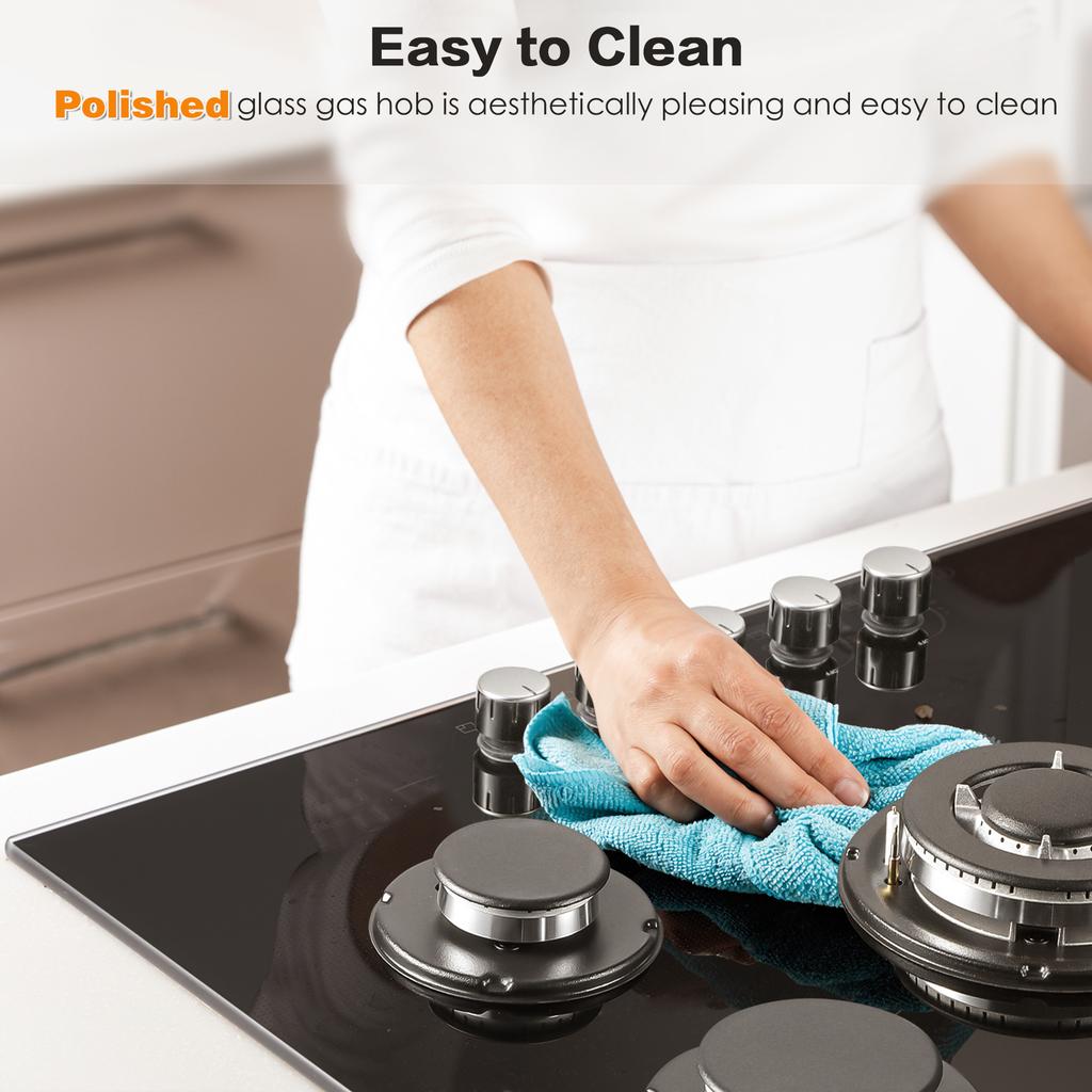 5-Burner 70cm Glass Gas Cooktop Built-In or Freestanding with Automatic Flame Protection for Natural Gas or Propane