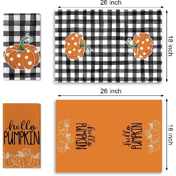 Fall Hello Pumpkin Kitchen Dish Towels Set of 2, Autumn Thanksgiving Buffalo Plaid Drying Hand Towel Baking Cooking Cloth, Polka Dots Seasonal