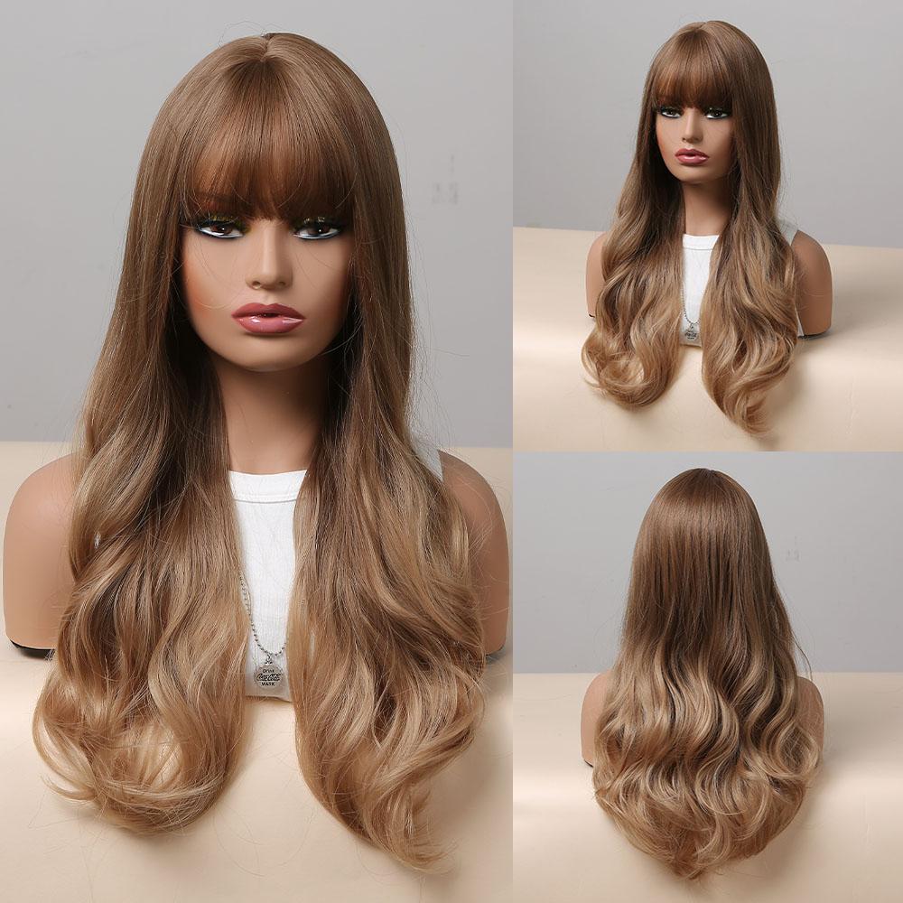 Synthetic Wigs Long Natural Wavy Wig Ombre Brown Golden Highlight Blonde Layered Hair with Side Bangs for Women Heat Resistant