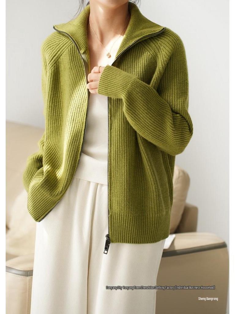 Women's European Style Pure Wool Turn-Down Collar Cashmere Cardigan with Double Zipper Knitwear.