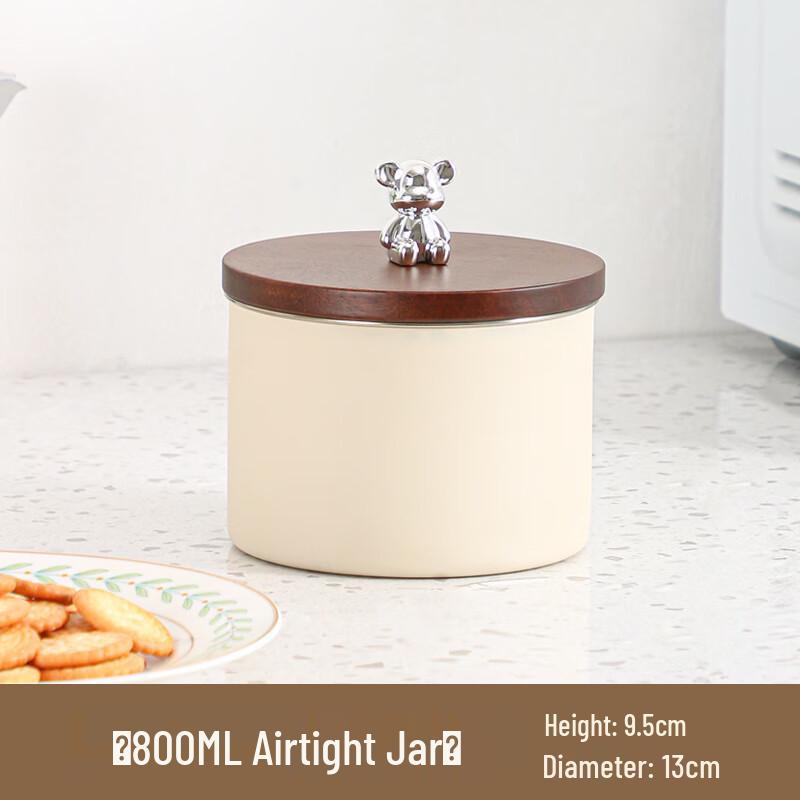 Ivory White 800ml Plastic Coffee Storage Can with Bear Wood Lid