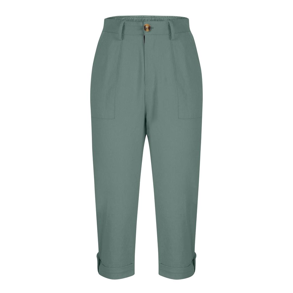 Women Casual Capri Pants High Waisted Rolled Cuff Ankle Pants Solid Color Pocket Detail Loose Fit Trousers