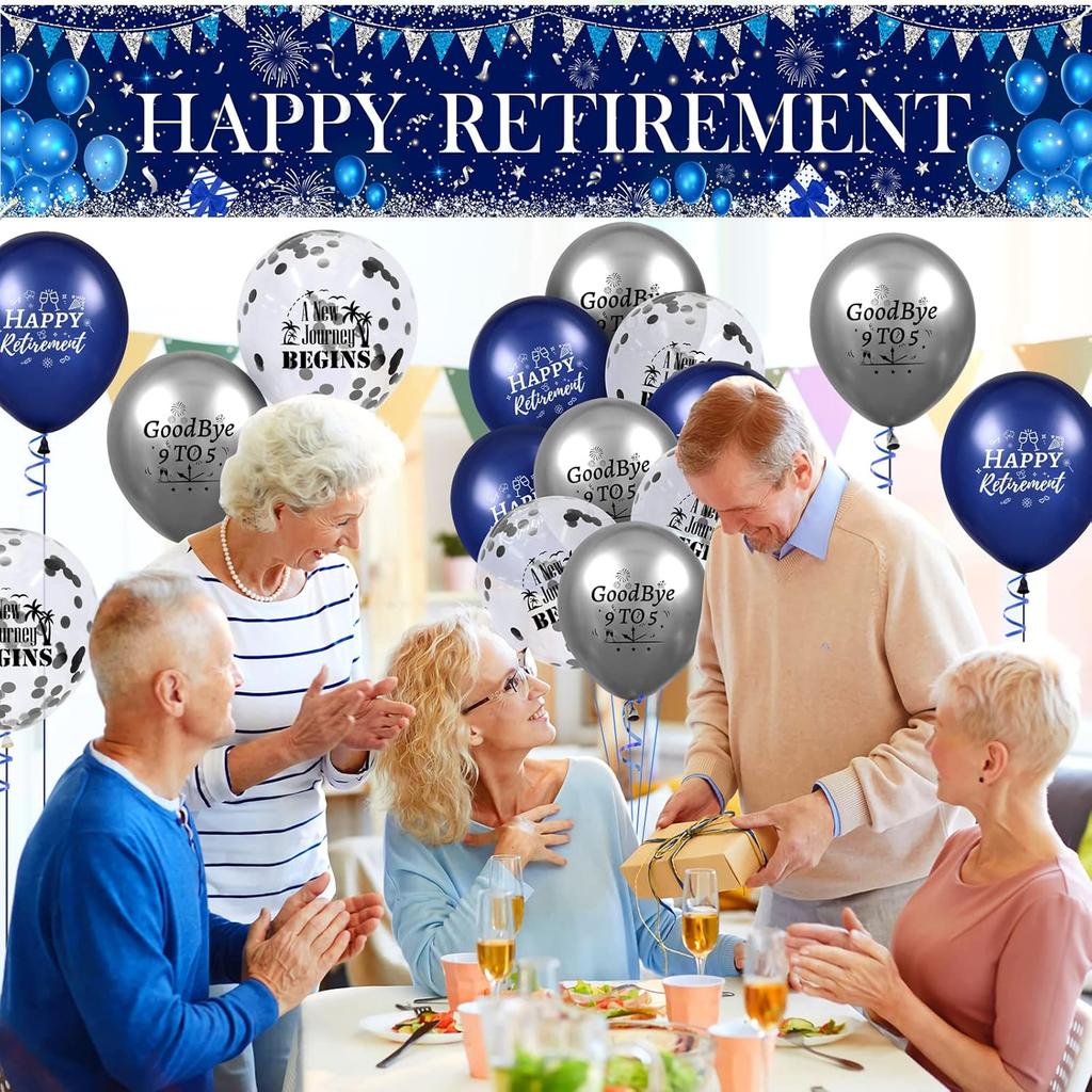 Happy Retirement Decorations Large Navy Blue Silver Happy Retirement Banner Yard Sign with 18 Pcs Retirement Balloons for Men Women Retirement Party