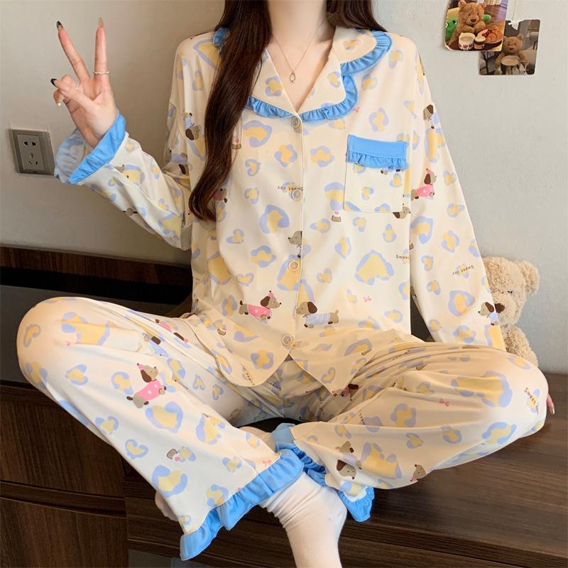 Contrasting color dachshund dog imitation cotton pajamas women's spring and autumn new sweet lace long-sleeved loose loungewear
