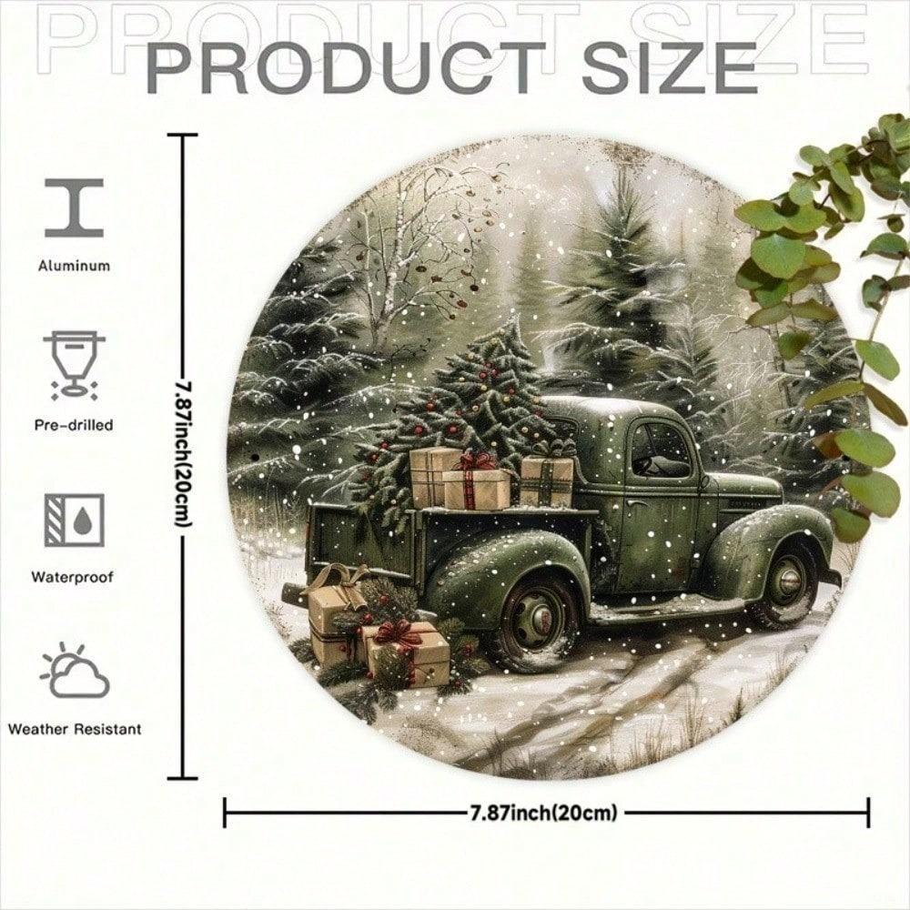 Vintage Metal Tin Sign Green Truck Christmas 8x8 Inch Rustic Wall Decor Farmhouse Retro Art Holiday Gift