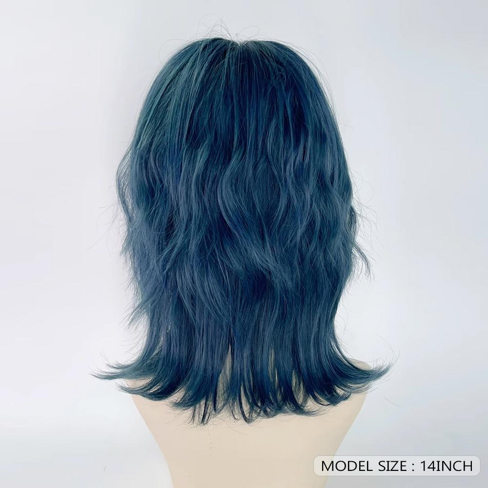 Blue Synthetic Mullet Head Wig with Bangs Short Straight Lolita Anime Cosplay Fluffy Hair Wig for Daily Party