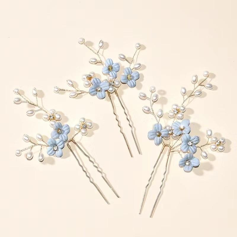 Mori pearl hairpin women's antique Hanfu hair accessories hand-woven ceramic flower hairpin U-clip hair accessories