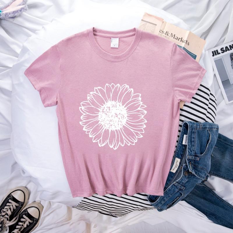 Spring Women's Simple Monochrome Sunflower Pattern Printed Pullover Loose Round Neck Pure Cotton Short Sleeved T-Shirts Women’s
