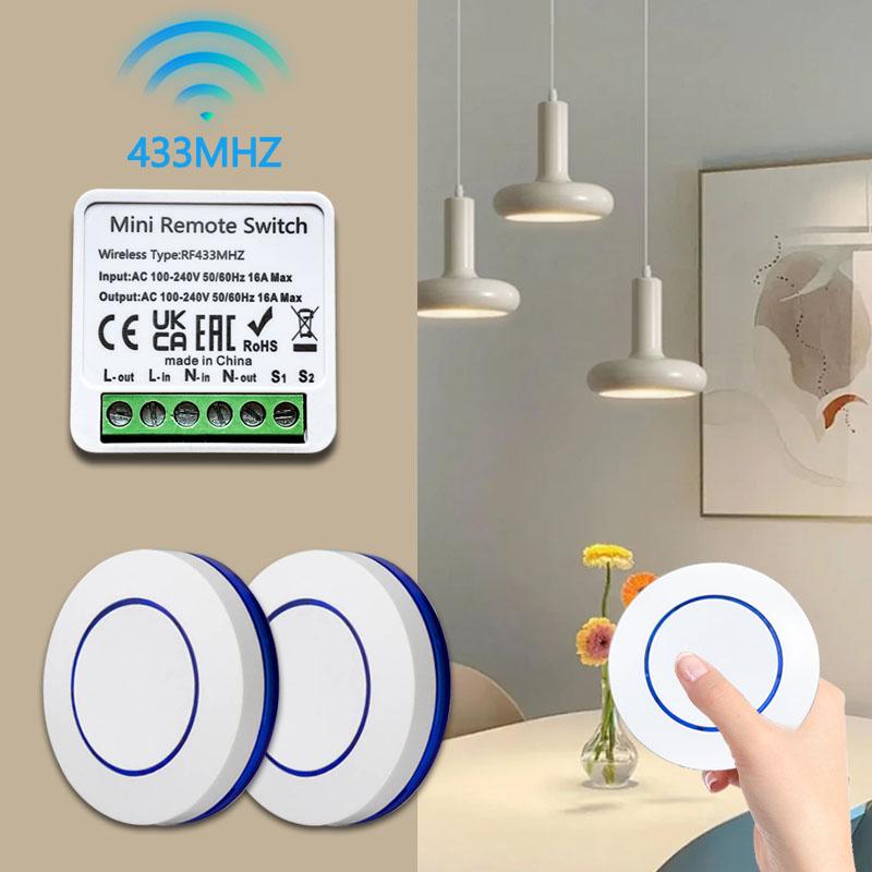 Wireless 433MHz Remote Control Switch Mini Round Button Panel Switch 16A Relay Receiver Module 100-240V LED Lamp DIY Home Auto