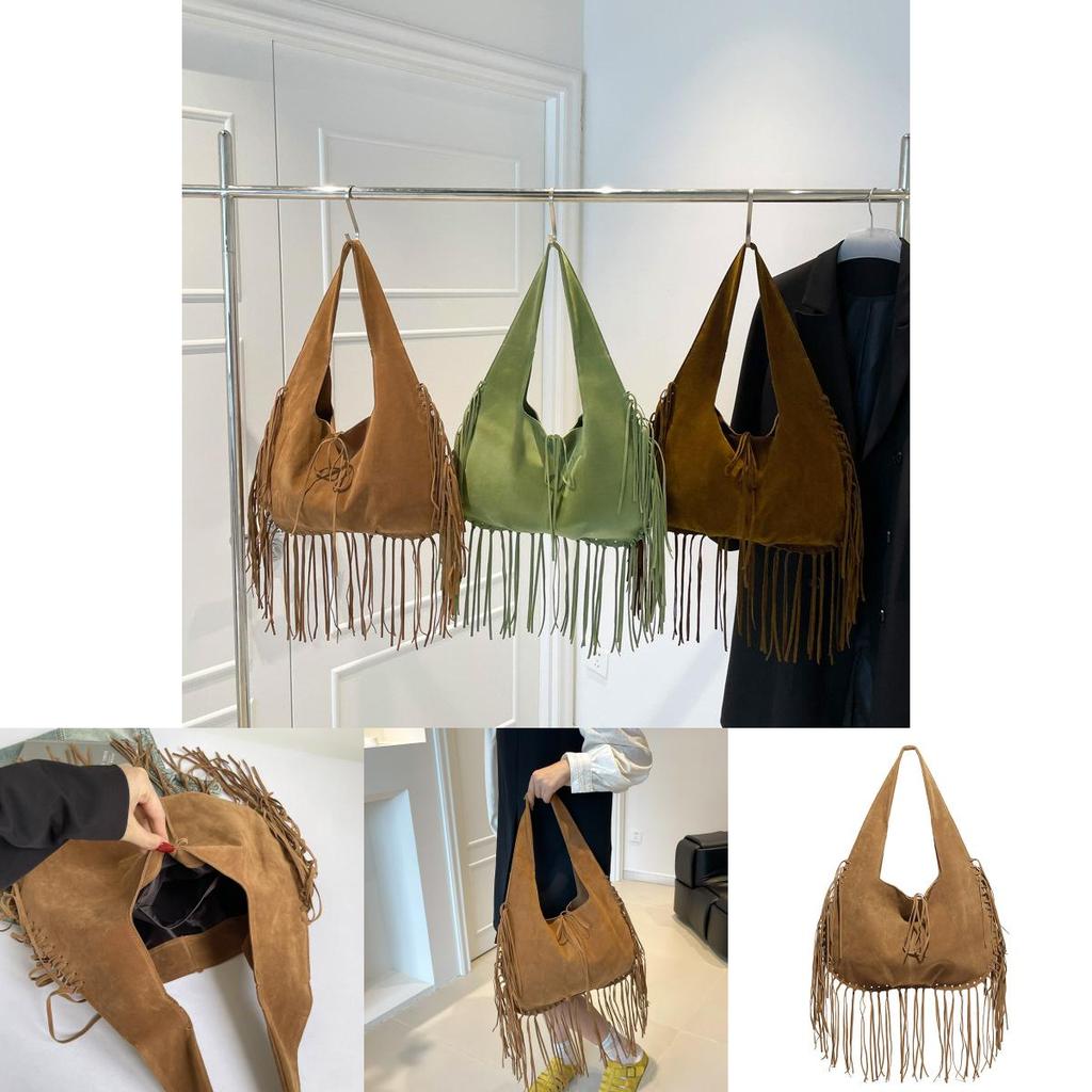 Vintage Suede Shoulder Tote Bag With Tassel Design And Solid Color For Daily Use