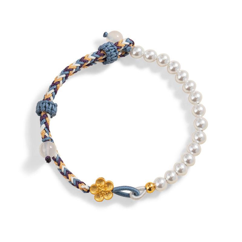 

Peach Blossom Sterling Silver 925 Chalcedony Flower Woven Bracelet with Shijia Pearls