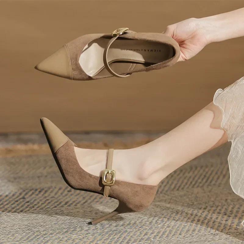 Fashion Sexy Pointed Toe Thin High Heels Women Leather Covered Toe Design Women Pumps Metal Belt Buckle Women's Elegant High Heel Shoes