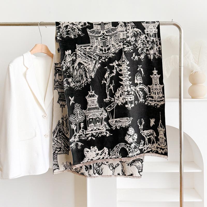 

Ретро Универсальный Контрастные Цвета Двусторонний Имитация Кашемира Шарф Зимний Высококачественный Теплый Шаль Женский 185cm чёрный