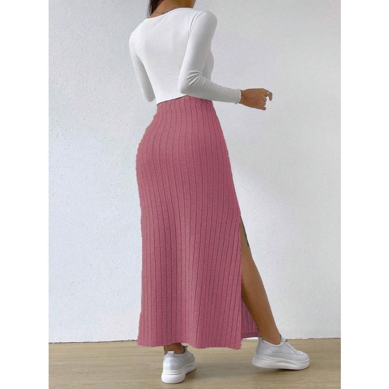 Fashion High Waist Side Slit Slim Knit Midi Skirt For Women