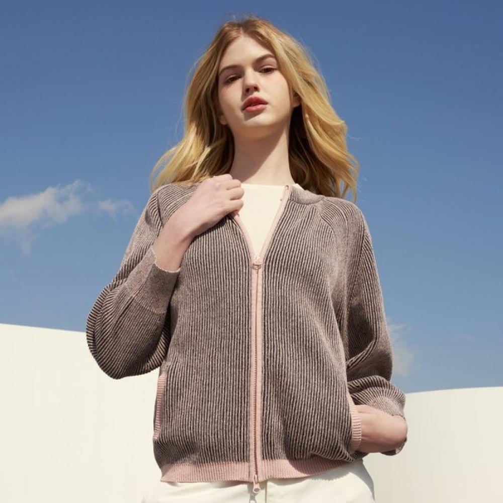 Lipbbam Two Tone Ribbed Knit Zip Cardigan Hk Lcs502 Pkbk 01 FREE(44-66)