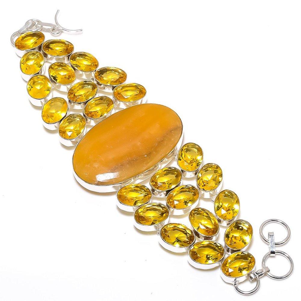 Yellow Septarian, Citrine Gemstone Handmade Ethnic 925 Silver Bracelet 8" z8G15