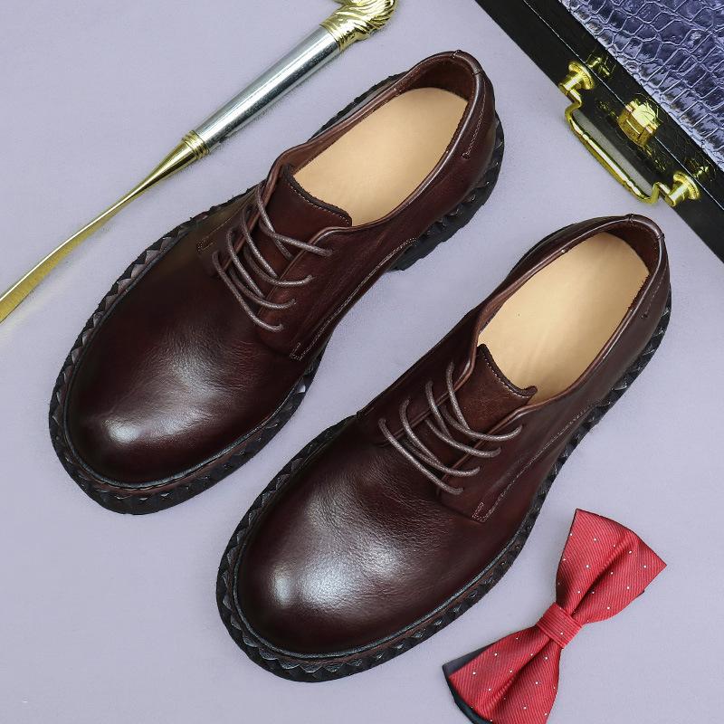

2025 осень и зима новая высококлассная деловая повседневная кожаная обувь мужская кожаная подошва ретро британский большой носок круглый носок лошадиная кожа мужская обувь 45 темно-коричневого