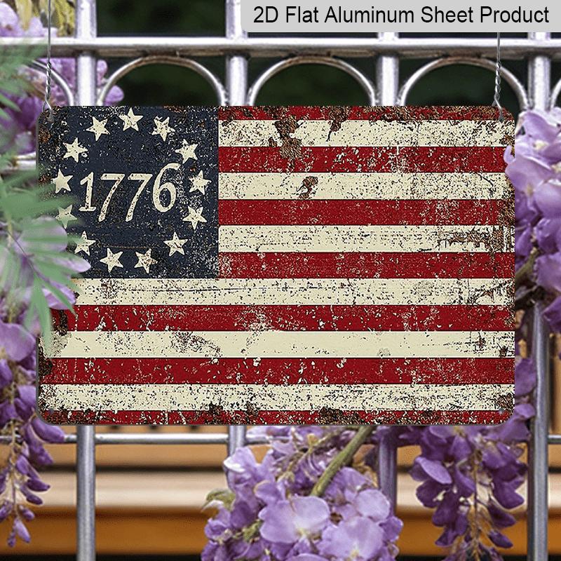 2D Flat Americana Style Vintage 13-Star American Flag Metal Sign - Rustic Aluminium Wall Hanging Plaque for Independence Day, Patriotic Fourth of