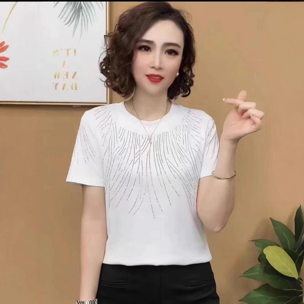 Crew neck solid color hot diamond shirt fashion women's clothing summer short sleeve T-shirt age reduction versatile women's top
