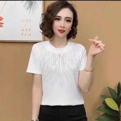 Crew Neck Solid Color Hot Diamond Shirt Fashion Women's Clothing Summer Short Sleeve T-shirt Age Reduction Versatile Women's Top