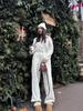 European & American Women's Spring/Autumn Long Sleeve Jumpsuit - Casual Half Open Neck, Elastic Waist Set