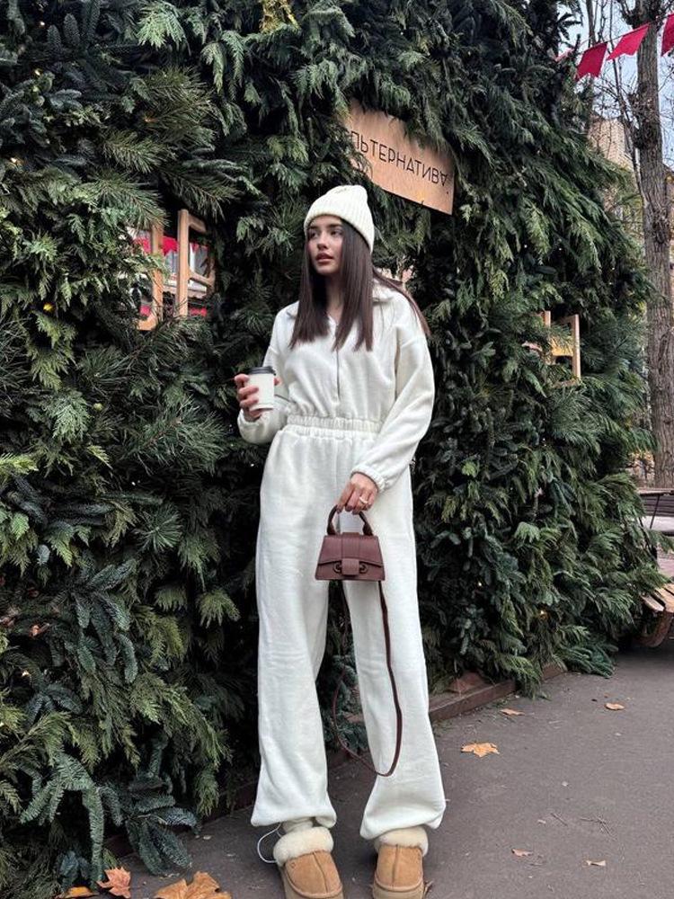 European & American Women's Spring/Autumn Long Sleeve Jumpsuit - Casual Half Open Neck, Elastic Waist Set