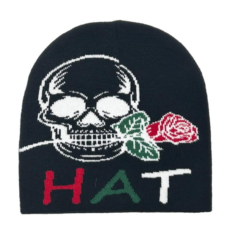 Teens Elastic Beanie Knit Skull Caps with Jacquard Skull&Rose Pattern Skiing Hat